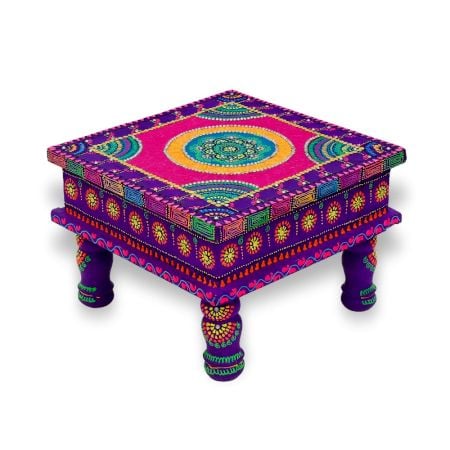Handicraft Wooden Chourang Pooja Chowki in Purple and Pink